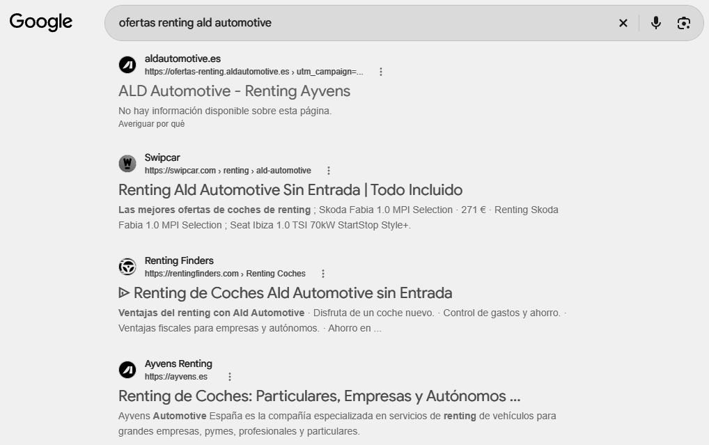 Resultados de Google para la búsqueda ofertas renting ald automotive: primero el subdominio antiguo de aldautomotive.es, después Swipcar y Renting Finders, y en cuarto lugar ayvens.es