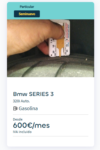 Anuncio de un BMW Serie 3 en renting cuya imagen principal es un medidor de neumático